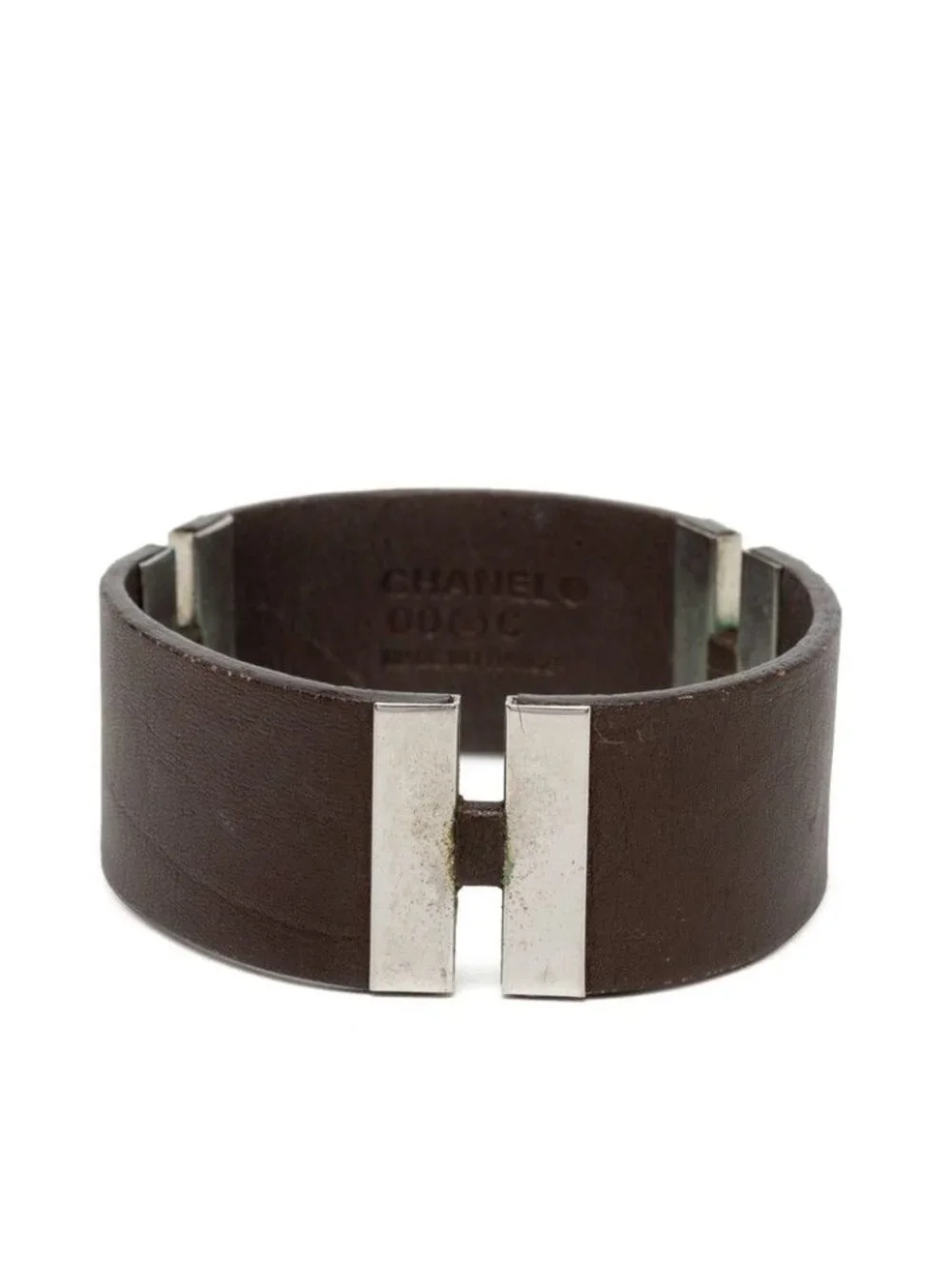 Chanel Logo Bracelet 00c Brown Silver Leather Metal